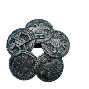 Vintage Signed PERUVIAN ART Figural INCA BIRD & ANIMAL 2-1/4”Circular Pin Brooch